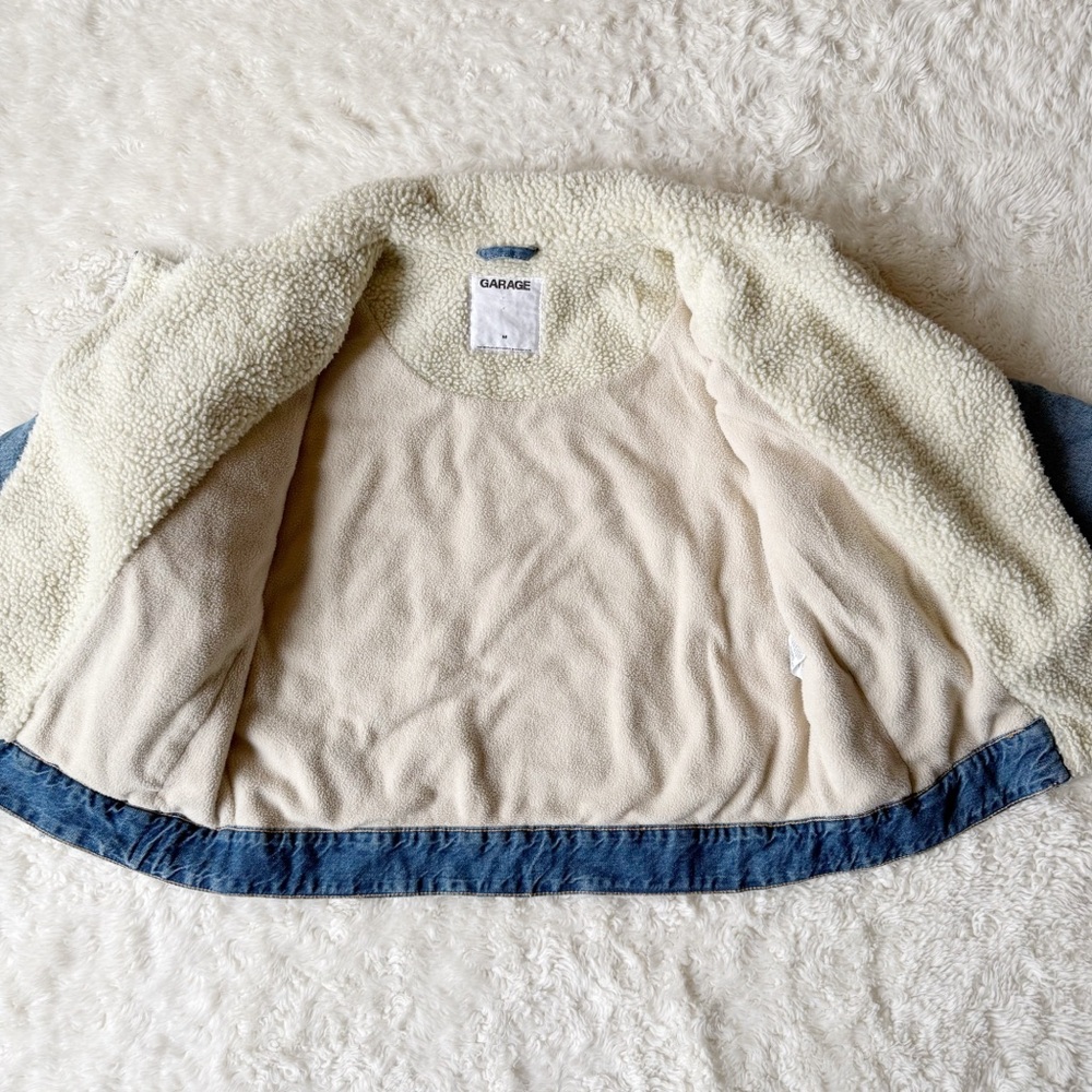 Garage Woman Blue Denim Sherpa Aviator Crop Jean Jacket MEDIUM Boho Country Folk - Picture 6 of 9